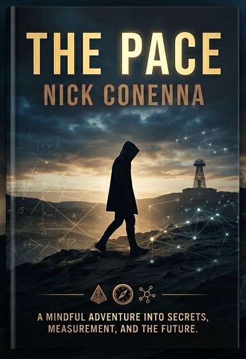 THE PACE, by Nick Conenna — a hooded figure walks toward the Wardenclyffe tower under a clouded sky, ringed by faint geometric equations and a constellation of measurement points.